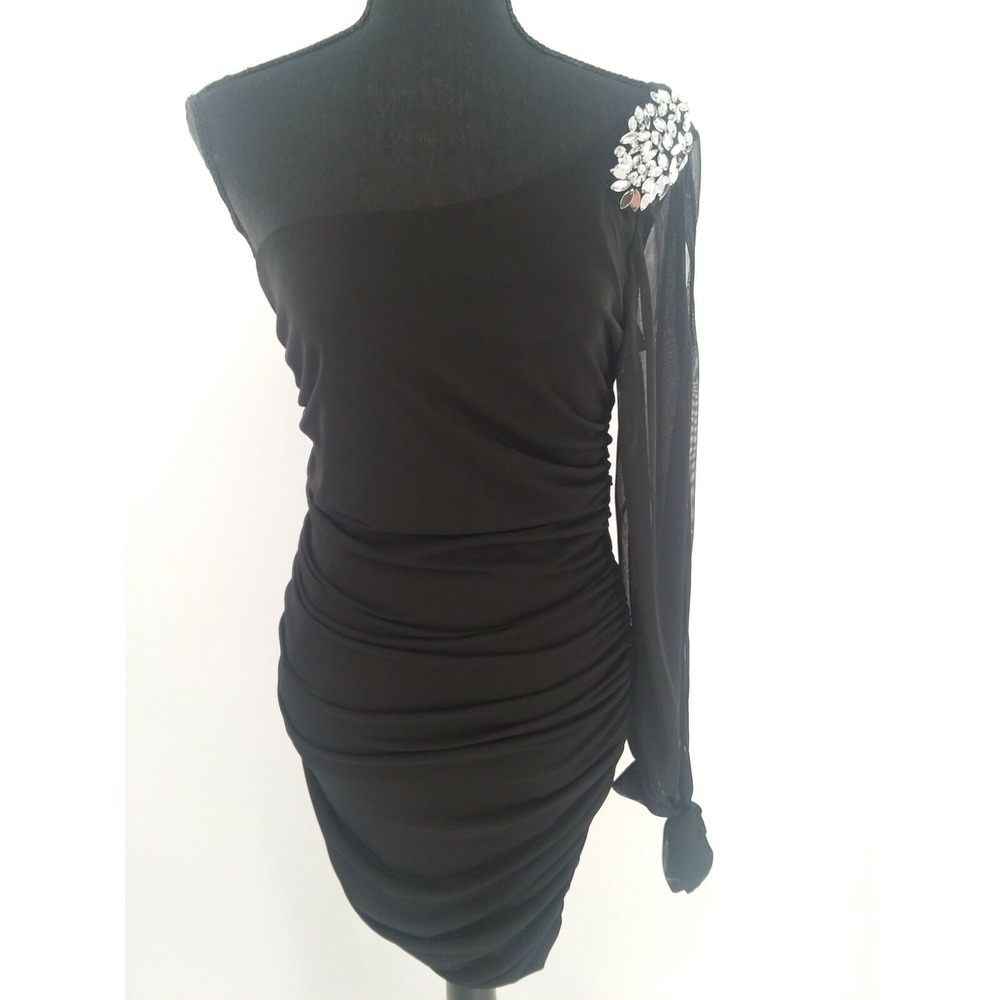City Triangles Black One Long Sleeve Sheer Rouched Mini Dress Size Large
